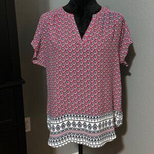 Banana Republic Blouse Womens L Red Blue Geometric‎ Print Split Neck Top